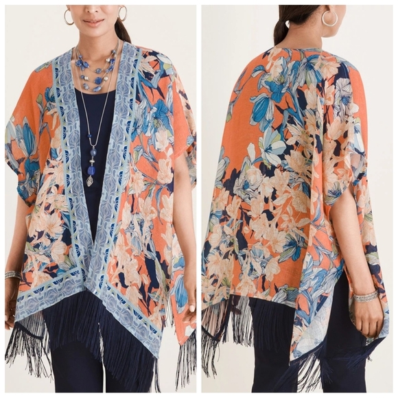 Chico's Floral Kimono Topper Ruana Fringe Orange Blue Black Size Small/Medium - Picture 8 of 16